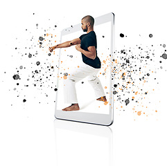 Image showing Tablet, karate and fitness app with a fighter man on a screen in studio isolated on a white background. Technology, training for self defense and color splash with a male athlete in a digital display
