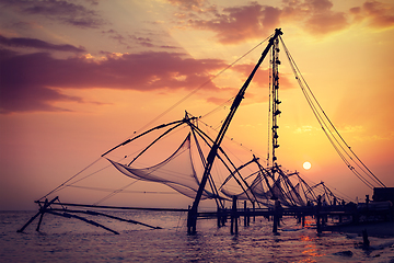 Image showing Chinese fishnets on sunset. Kochi, Kerala, India