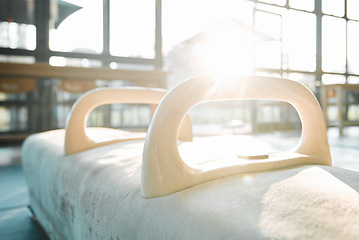 Image showing Closeup, gymnastics horse and gym for fitness, exercise equipment and training with grip, flare and contest. Background, handle and sports beam for strength, balance and performance in empty studio