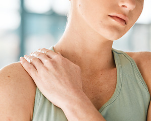 Image showing Fitness, shoulder pain or girl gymnast with injury after exercise, training or workout accident emergency. Hand closeup, sports athlete or injured woman with broken bone inflammation in gymnastics