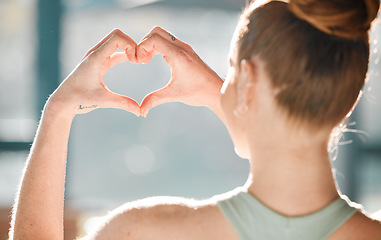 Image showing Heart, hands and woman with emoji and support, health and wellness with back, sign and love with care. Charity, trust and review with feedback, opinion and icon with kindness, emotion and reaction