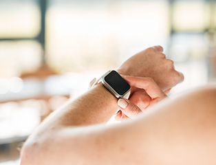 Image showing Smart watch, woman or hands of athlete for sports workout, heartbeat info or fitness progress on app. Personal trainer, exercise or closeup of person with timer to check or monitor gym data on clock