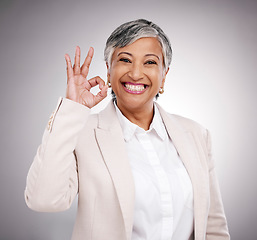 Image showing Business woman, portrait and okay sign, success and support or like for Human Resources career in studio. Mature HR person or professional indian manager, yes or excellence emoji on white background