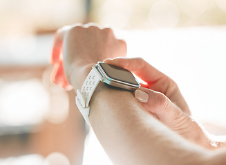 Image showing Smartwatch, person or hands of athlete for sports workout, heartbeat info or fitness progress on app. Personal trainer, exercise or closeup of person with timer to check or monitor gym data on clock