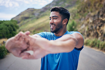 Image showing Hands, stretching and happy in a road for fitness, training or morning cardio routine in nature. Body, stretch and male runner outdoor for health, exercise and running, workout and performance goal