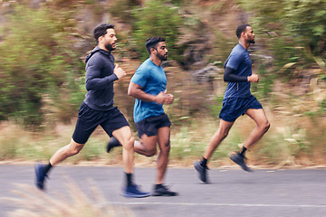 Image showing Men, fitness and running friends in a road for training, speed and energy, health and cardio routine in nature. Sports, diversity and man group on practice run for competition, workout or performance