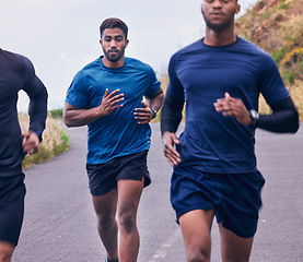 Image showing Running, fitness and men friends in a road for training, speed and energy, health and cardio routine in nature. Sports, diversity and man group on practice run for competition, workout or performance