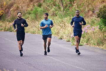 Image showing Fitness, men and running friends in a road for training, speed and energy, health and cardio routine in nature. Sports, diversity and man group on practice run for competition, workout or race goal