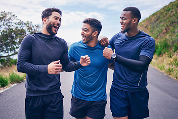 Image showing Happy, men laughing and friends with smile for fitness, workout and running outdoor with a handshake. Exercise, training and sports with funny joke and comedy on road with athlete and wellness