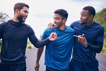 Image showing Happy, men and friends with smile for fitness, workout and running outdoor with a handshake. Exercise, training and sports with funny joke and comedy together in nature with an athlete with wellness