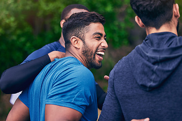 Image showing Happy, men and friends laughing for fitness, workout and running outdoor with a smile. Exercise, training and sports with funny joke and comedy together in nature with an Indian man with wellness