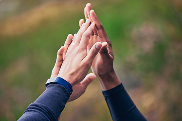 Image showing People, hands and high five for fitness, workout or exercise success, support or goals with teamwork in nature. Athlete, runner or sports group together for motivation, training target and hiking