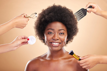 Image showing Beauty, tools and portrait of black woman in studio for skincare, haircare and cosmetics. Smile, afro care and happy African model with skin glow, comb and makeup brush on beige background with hands