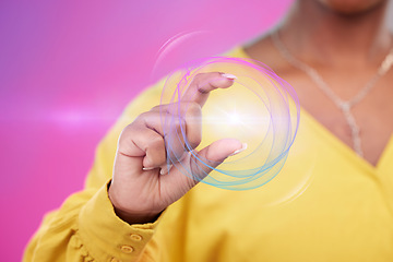 Image showing Hand, woman or technology with connection, sound wave or hologram with metaverse, futuristic or equalizer on pink studio background. Holographic, future or model with closeup, person or color motions