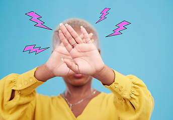 Image showing Hands, lightning graphic and a woman on a blue background for stop or rejection. Block, no and person with a gesture and technology abstract, anger or frustrated at internet speed or connection