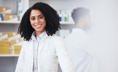 Image showing Pharmacy, healthcare and portrait of black woman for wellness, medicine and medical service. Dispensary, pharmaceutical and happy pharmacist in drug store for medication, consulting and medicare