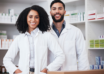 Image showing Pharmacy, teamwork and portrait of man and woman for medical service, medicine and wellness. Healthcare, pharmaceutical and happy pharmacists in drug store for medication, consulting and clinic care