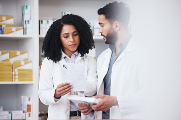 Image showing Pharmacy, workers and report check with conversation, teamwork and pharmaceutical work. Healthcare, medicine and drug ingredients of pills and medication document in drugstore with pharmacist