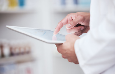 Image showing Pharmacy, research and hands on tablet for online prescription order, wellness app and telehealth. Healthcare, pharmaceutical and closeup of pharmacist on digital tech for website for medication