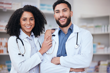 Image showing Pharmacy, portrait of pharmacist team for medical service, medicine and wellness in dispensary. Healthcare, pharmaceutical and man and woman in drug store for medication, consulting and clinic care