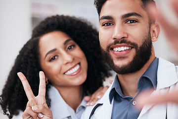 Image showing Pharmacy, peace sign and selfie portrait of people for social media, profile picture and website. Healthcare, pharmaceutical and man and woman take photo for wellness, medicine and medical service