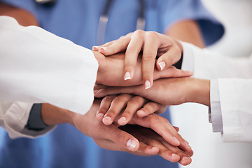 Image showing Hospital, mission and hands of doctors in support of teamwork, help or motivation for medical goal. Healthcare, group or people together for team building, collaboration or trust, faith or solidarity