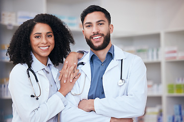 Image showing Pharmacy, teamwork and portrait of pharmacists for medical service, medicine and wellness. Healthcare, pharmaceutical and happy man and woman in drug store for medication, consulting and clinic care