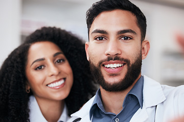 Image showing Pharmacy, selfie and portrait of man and woman for social media, profile picture and clinic website. Healthcare, pharmaceutical and happy people take photo for wellness, medicine and medical service