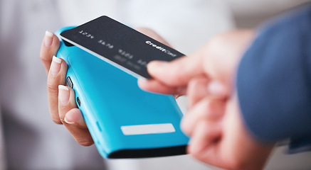 Image showing Credit card, hand and payment machine in a store with cashier, online and customer in a pharmacy. Shop, commerce and electronic sale with pay at POS with finance transaction and purchase at checkout