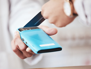 Image showing Credit card, hands and health payment in a store with cashier, machine and customer in a pharmacy. Shop, commerce and electronic sale with pay at POS with finance transaction and purchase at checkout