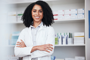 Image showing Pharmacy, crossed arms and portrait of black woman for medical service, wellness and medicine. Healthcare, pharmaceutical and happy pharmacist in drug store for medication, consulting and career