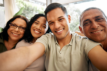 Image showing Happy family, portrait and selfie in photography, holiday bonding or weekend in relax at home. Couple and parents smile in happiness, love or care for memory, photography or day off together in house