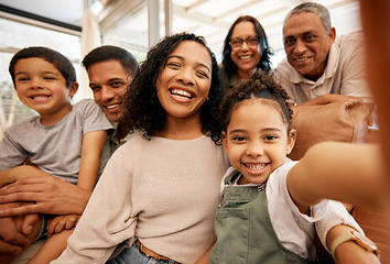 Image showing Family, selfie portrait and grandparents and children on sofa for happy holiday, love and relax together at home. Interracial people, mother and father with kids in profile picture or photography