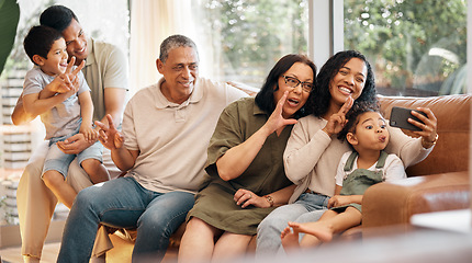Image showing Happy big family, sofa and selfie in photography, memory or holiday weekend and bonding together at home. Parents, grandparents and kids smile for photograph, picture or social media in living room