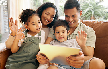 Image showing Tablet, video call and happy family with wave, youth and smile on a living room sofa at home. Mother, dad and children together with online communication of parents and kids with discussion on app