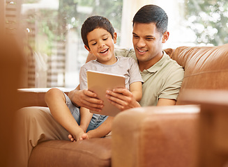 Image showing Family, child and father on tablet and sofa in e learning, funny games and school or online education with love and support. Happy dad, man and kid on couch, home or living room on digital technology