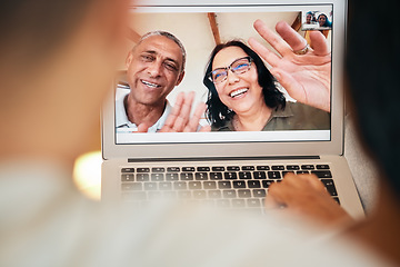 Image showing Video call, laptop screen and wave with face of family for communication, contact or connection. Happy, digital and technology with senior people at home for excited, website or online chat together