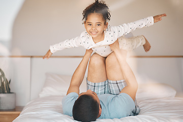 Image showing Child, happy and father on bed for airplane games, support or relax at home for crazy fun. Portrait, dad and girl kid excited to fly in bedroom for freedom, fantasy or balance of play, care or energy