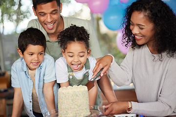 Image showing Mother, kids and knife for cutting birthday cake, celebration and support with excited smile for eating in family home. Children, parents and together for food, dessert and sweets at event in house