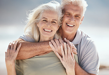 Image showing Beach portrait, hug and senior happy couple relax for outdoor wellness, nature freedom or travel holiday. Love, care and elderly woman, old man or marriage people hugging on romantic vacation date