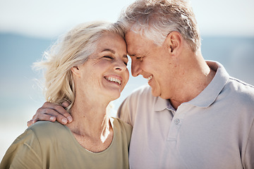 Image showing Senior couple, happy and outdoor at the beach with love, freedom and care on vacation. Face of a man and woman on retirement holiday, adventure and romantic trip in nature to relax and travel