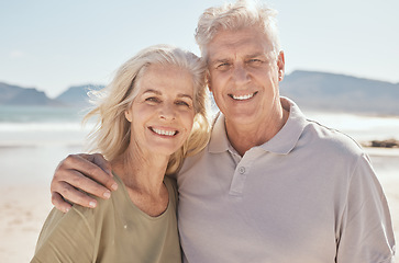 Image showing Beach, happy and portrait of senior couple on a romantic vacation, holiday or weekend trip. Smile, travel and elderly man and woman in retirement bonding by the ocean on an outdoor adventure together
