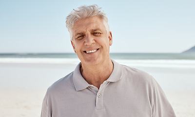 Image showing Portrait, beach and old man with retirement, happy and travel with summer vacation, Canada and wellness. Face, senior person or traveler on seaside holiday, weekend break or relax with peace or smile