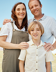 Image showing Family, portrait and parents with child outdoor, happy together with summer, support and trust. Love, care and people in nature, bonding on the weekend with mother, father and boy kid outside