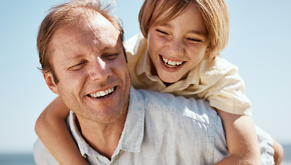 Image showing Happy father, child and laughing in piggyback, family bonding or outdoor weekend on holiday or summer break. Dad and son in hug, love or care for embrace, childhood or enjoying day together in nature