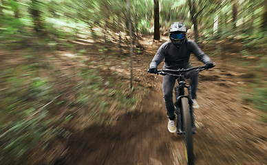 Image showing Bike, man in forest and speed blur in workout outdoor in woods for healthy body. Mountain bicycle, nature and fast athlete training, cycling or off road adventure on journey, exercise or sport travel