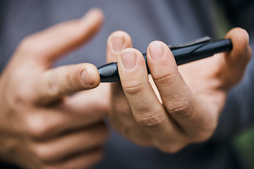 Image showing Glucose, finger and hands with lancet needle for diabetes and blood sugar test, check and monitor. Healthcare, medical care and closeup of person prick fingers for treatment, medicine and inspection