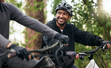 Image showing Bike, happy and cycling with friends in nature for fitness, health and partnership. Teamwork, motivation and sports adventure with men training in forest for wellness, workout and freedom together