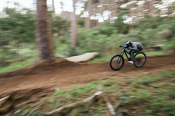 Image showing Bike, man in woods and speed blur in workout outdoor at forest for healthy body. Mountain bicycle, nature and fast athlete training, cycling or off road adventure on journey, exercise or sport travel