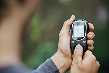 Image showing Glucose, fitness and hands with glucometer for diabetes and blood sugar test, check and monitor. Healthcare, medical care and closeup of person for inspection after training, exercise and workout